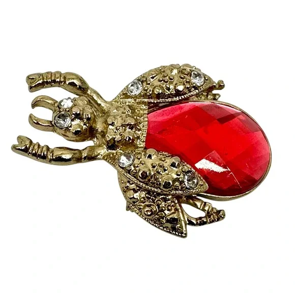 VTG Rhinestone Beetle‎ Brooch Red Jewel Gold Tone Bug Insect Pin Pave Crystal - Picture 6 of 12